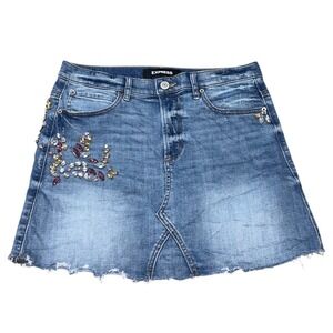 Express‎ Woman's Denim Mini Skirt Rhinestone Embellished Distressed Hem Size 8